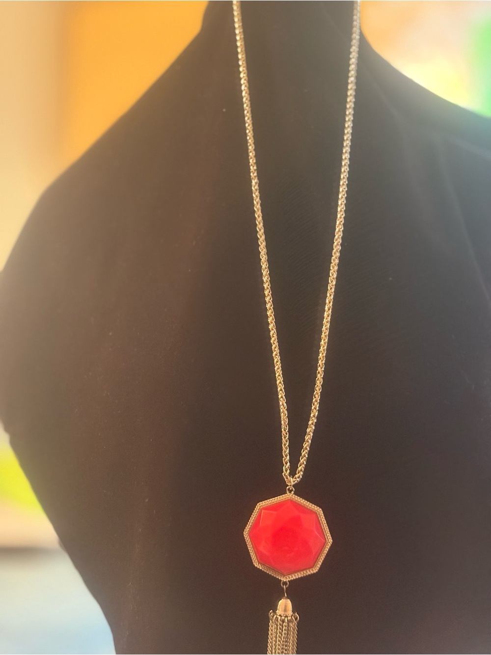 Long silver tone Necklace with hot pink Octagon Pendant and Tassel